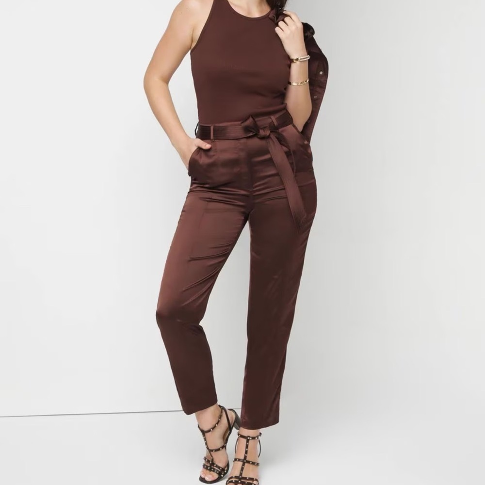 White House Black Market Belted Utility Straight Crop Pants SATIN NWT $110